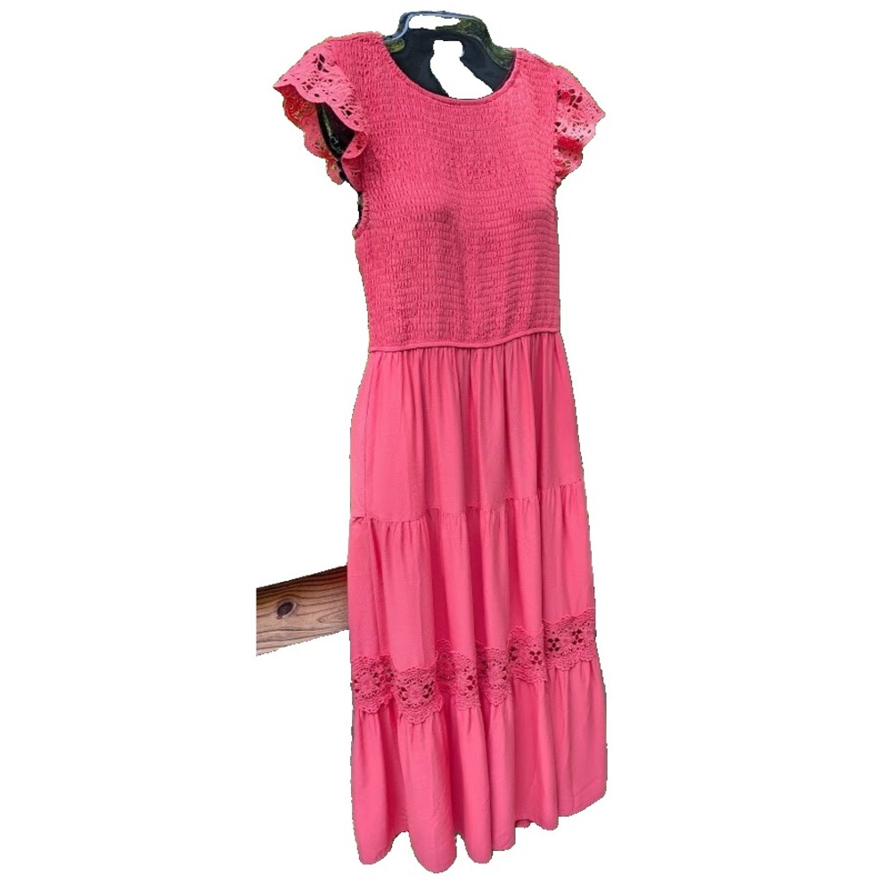 Crochet Trim Dress Smocked Maxi S Hot Pink Cottagecore Boho Flowy Tiered Hippie